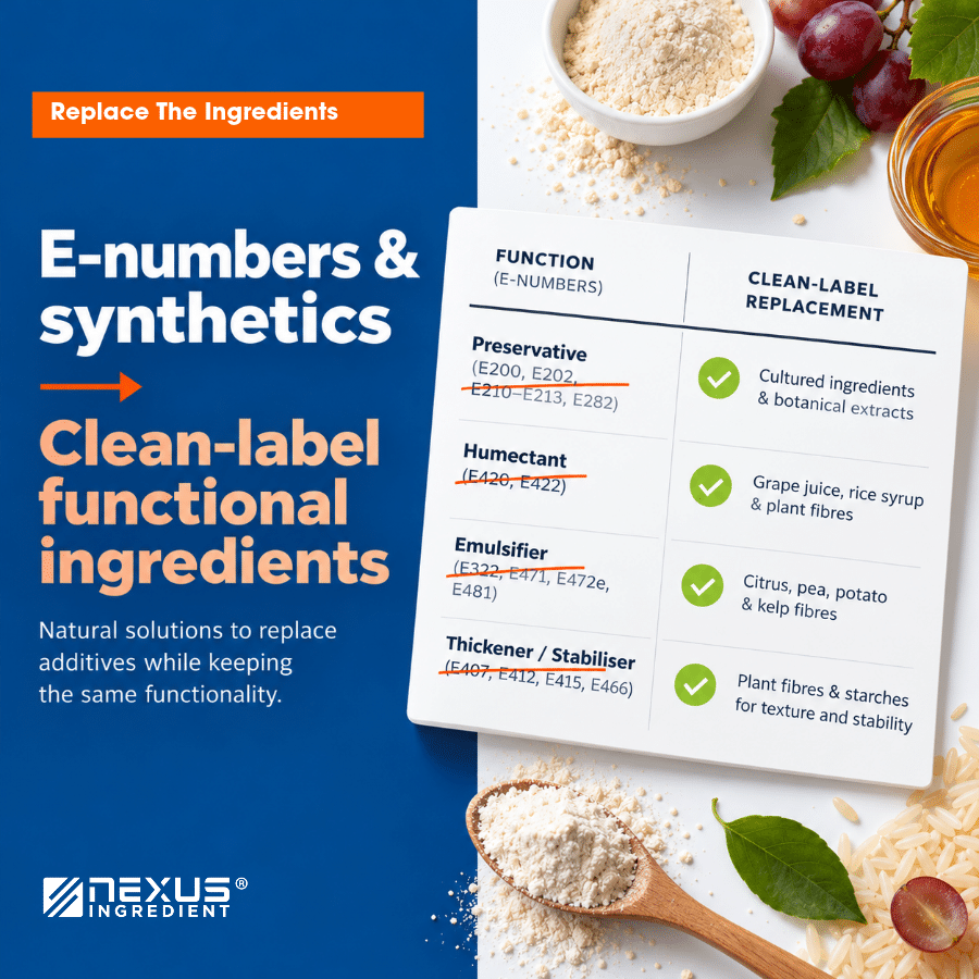 Replace E-numbers & synthetic ingredients with the clean label ones with the same functionalities